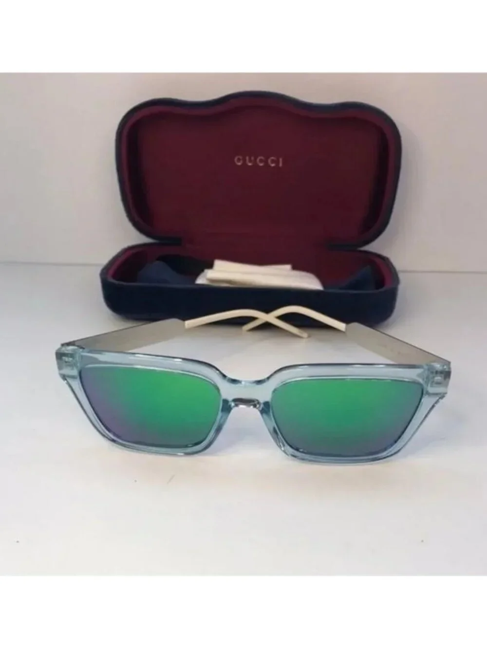 💯 - New - Authentic Gucci Light Blue/Metallic Gradient GG0975S Mirrored Squa…